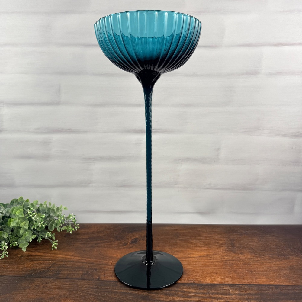 Empoli Italian Teal Blue Art Glass Pedestal Compote Bowl Ribbed Optic 18" Tall